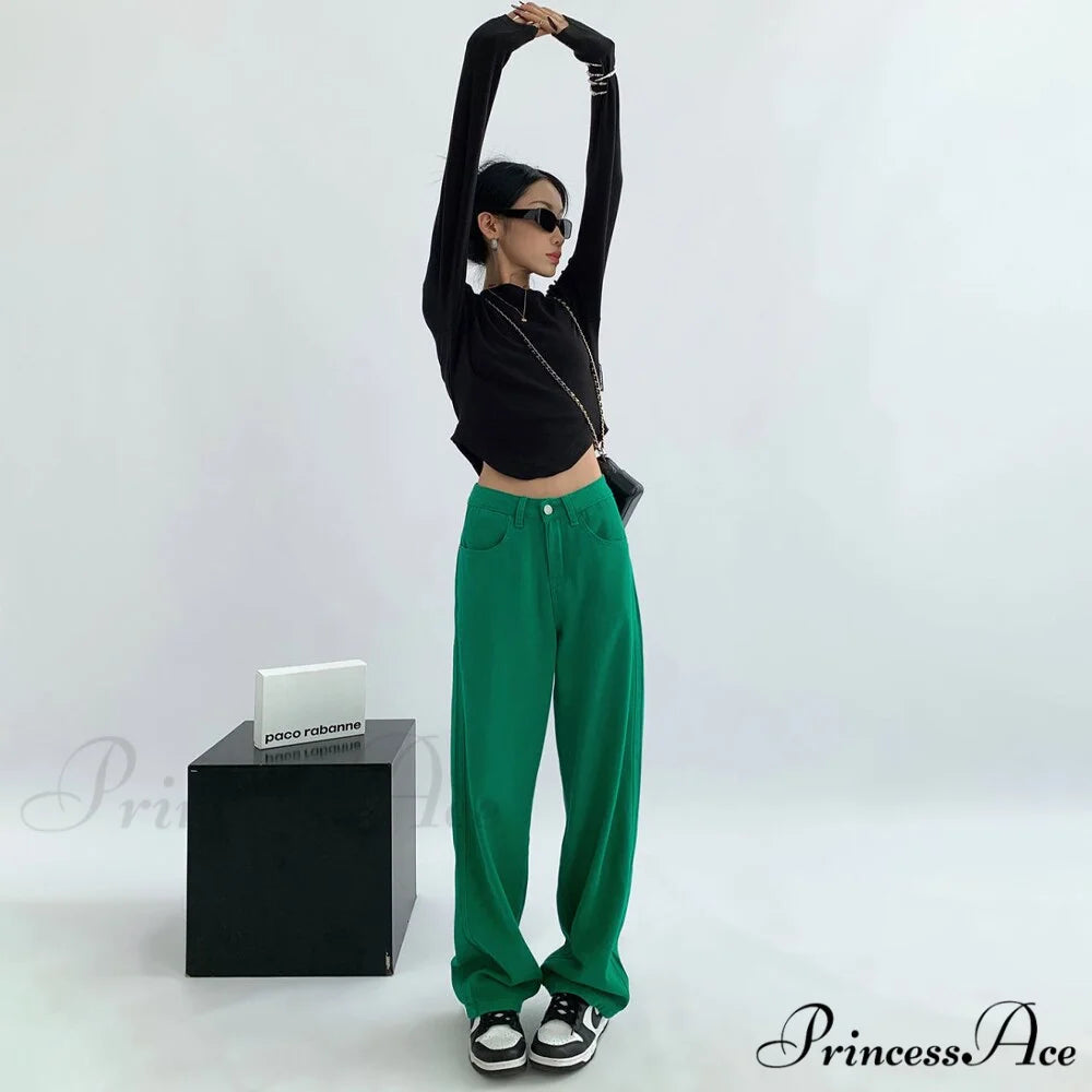Green Baggy Waist Wide Leg Jeans Straight Denim Pants