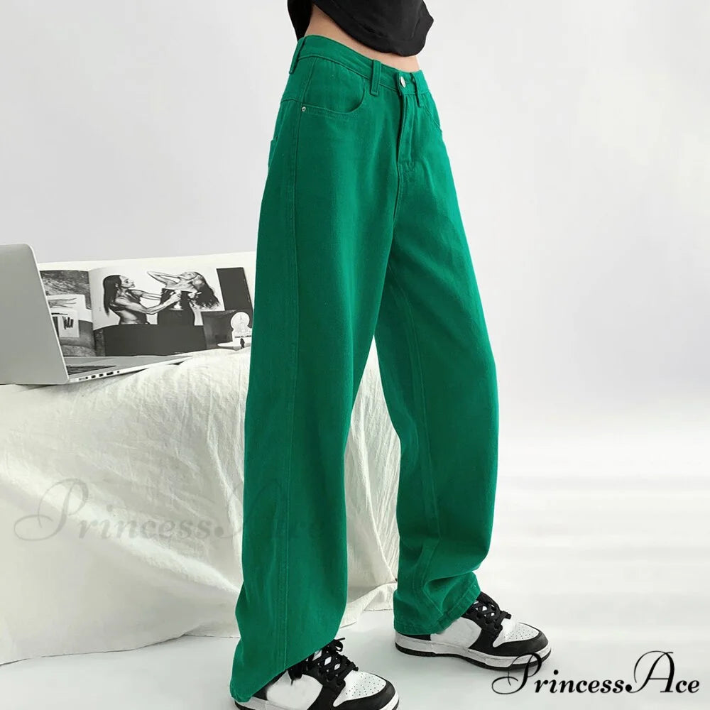 Green Baggy Waist Wide Leg Jeans Straight Denim Pants