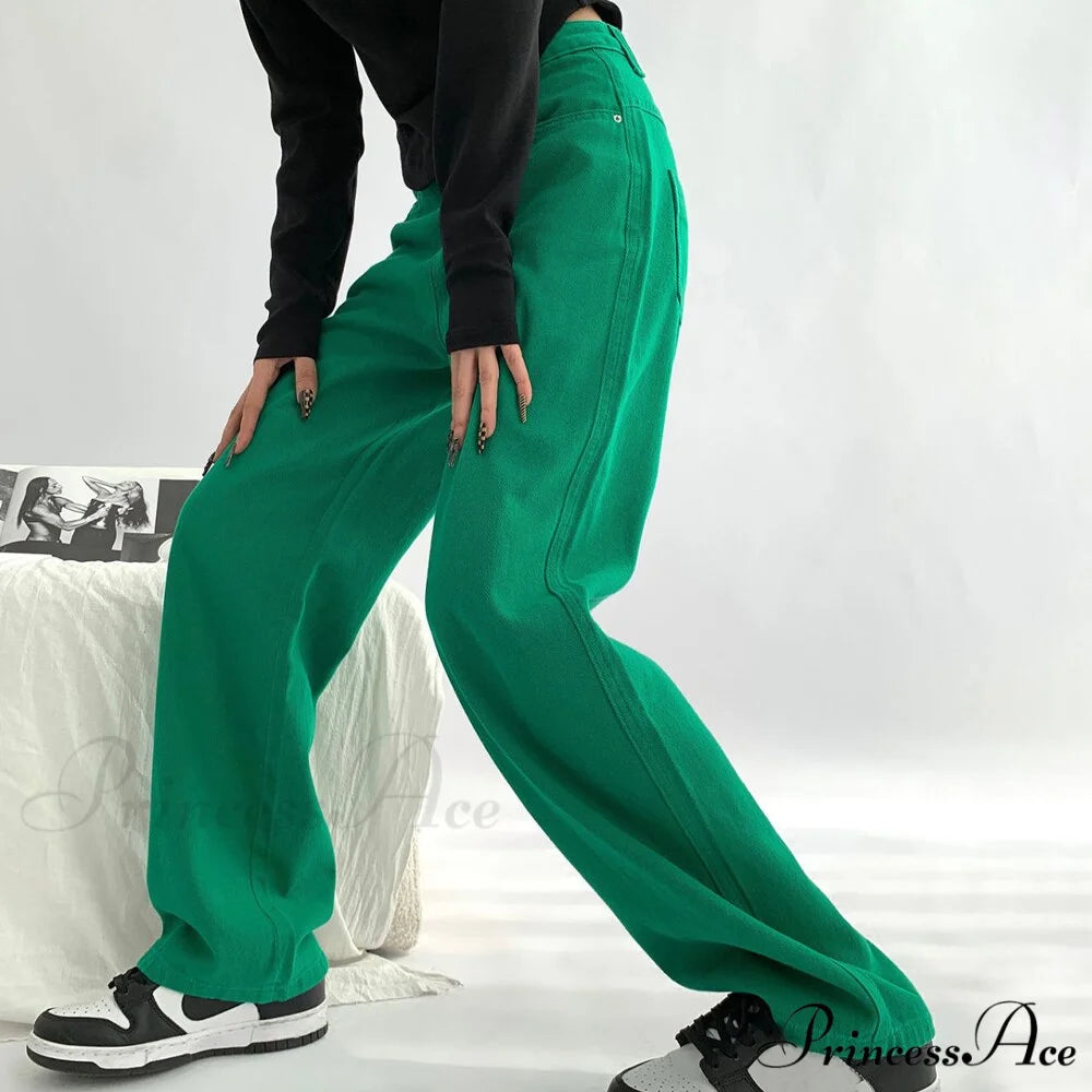 Green Baggy Waist Wide Leg Jeans Straight Denim Pants
