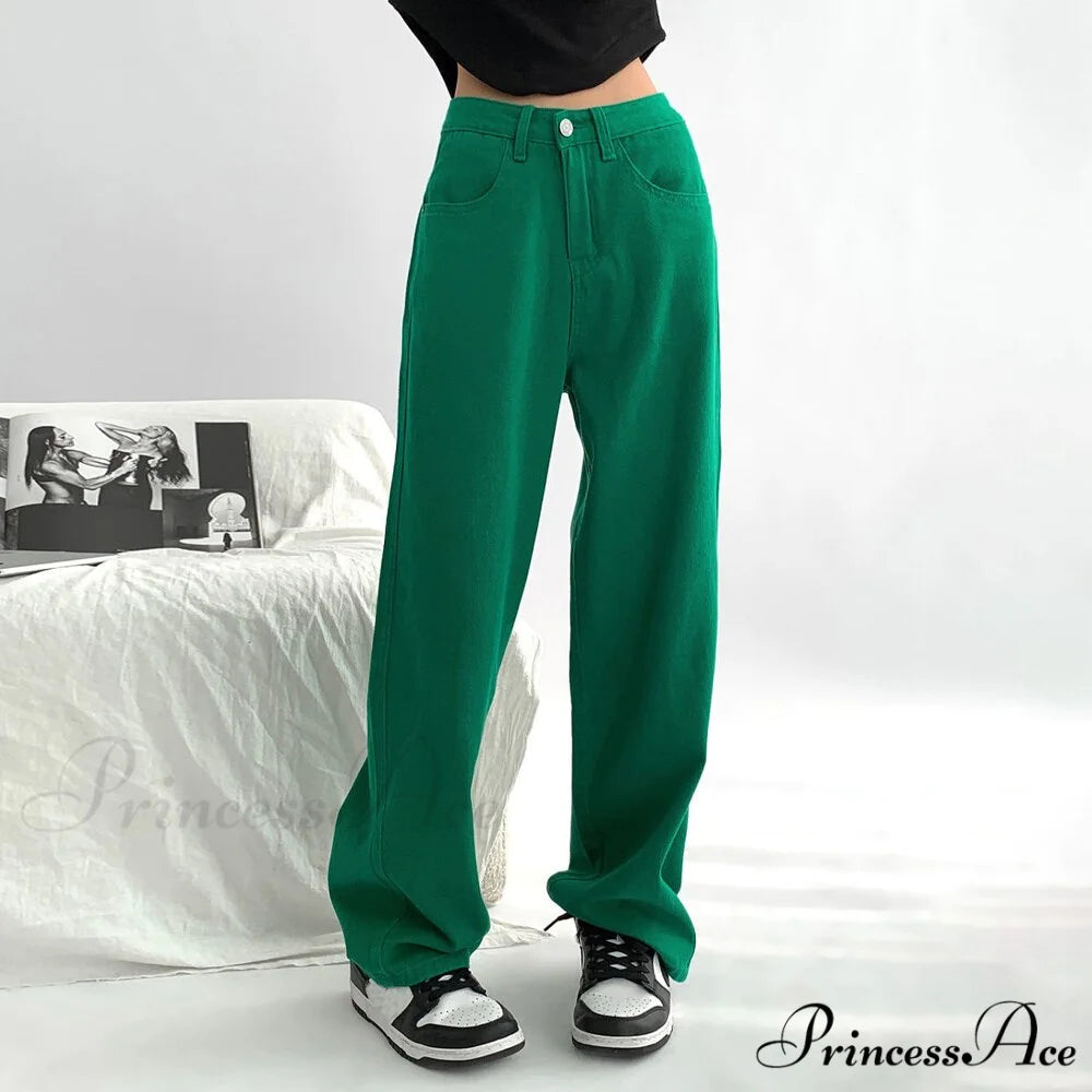 Green Baggy Waist Wide Leg Jeans Straight Denim Pants Green / S