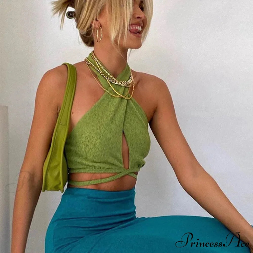 Green Bandage Halter Crops for Women Sleeveless Backless Club Party Chic Wrap Cropped Slim Streetwear Tank top