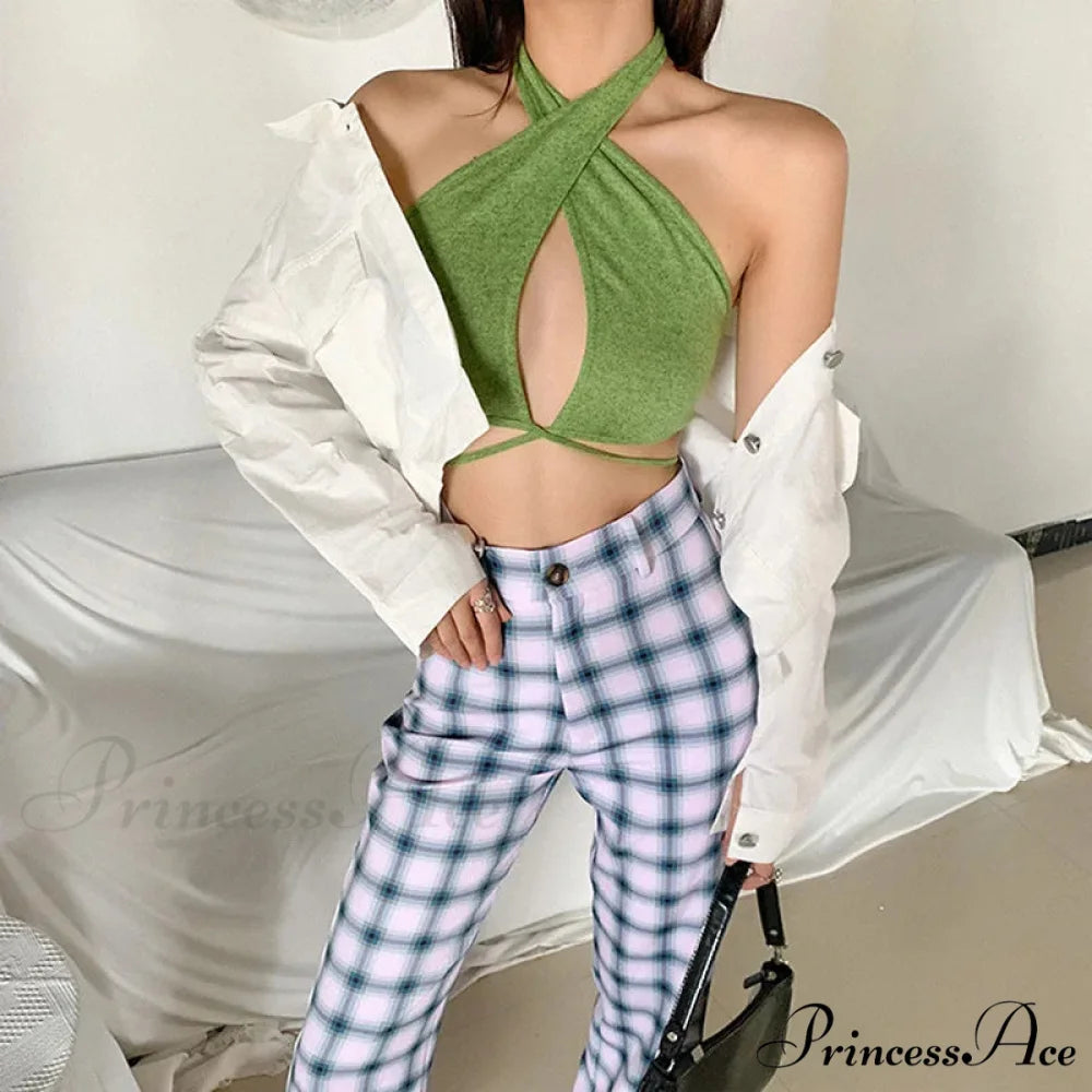 Green Bandage Halter Crops for Women Sleeveless Backless Club Party Chic Wrap Cropped Slim Streetwear Tank top