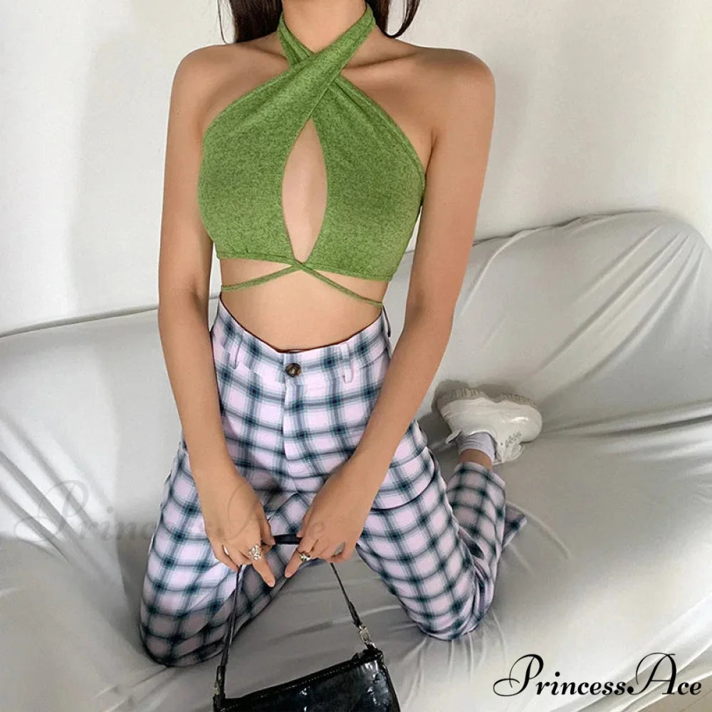 Green Bandage Halter Crops for Women Sleeveless Backless Club Party Chic Wrap Cropped Slim Streetwear Tank top