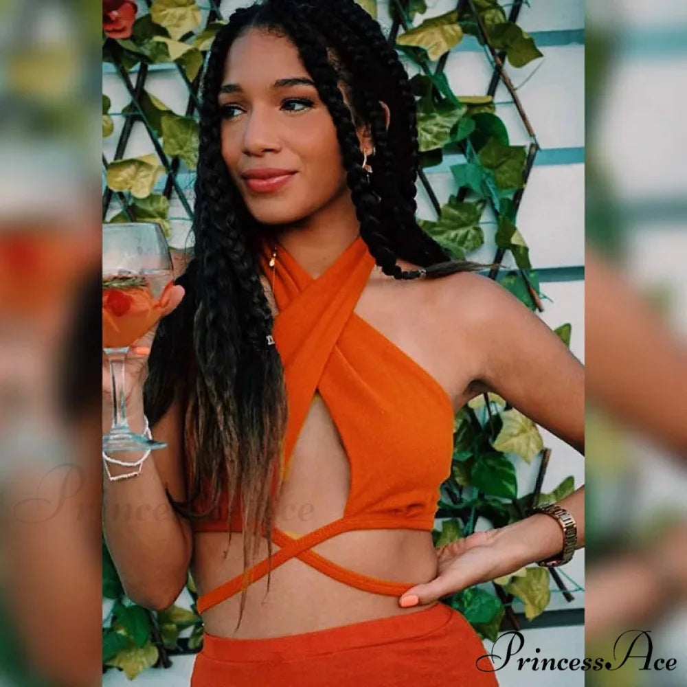 Green Bandage Halter Crops for Women Sleeveless Backless Club Party Chic Wrap Cropped Slim Streetwear Tank top Orange