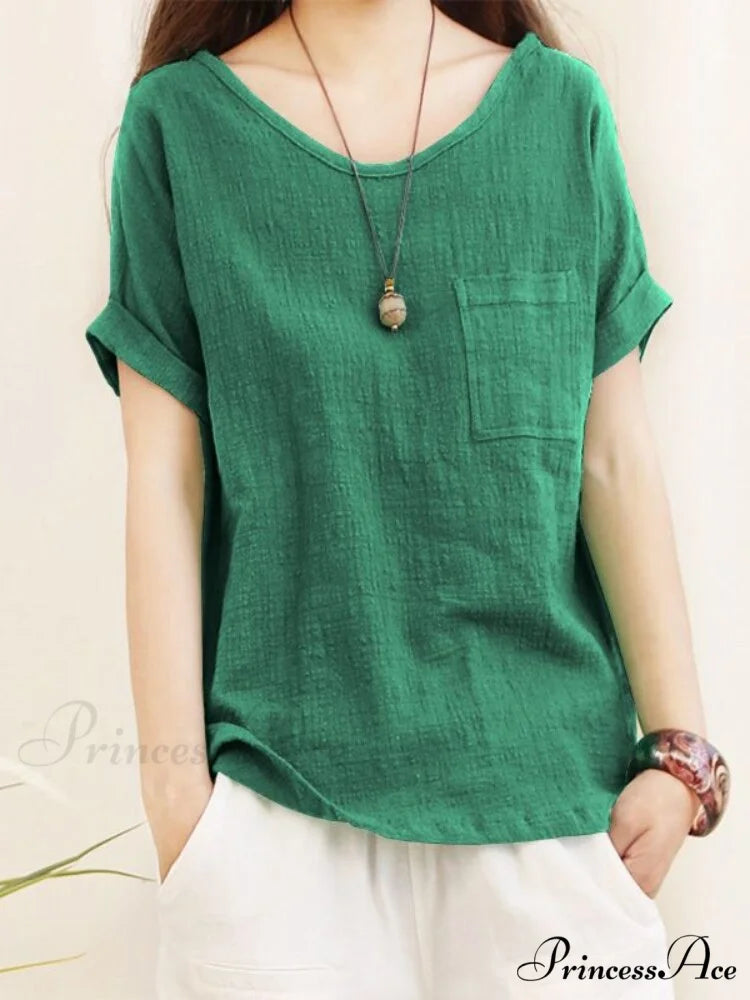 Green Brief Solid Blouse Arm Women Linen 5XL Cotton Casual 2024 O Neck Oversize Warm-Season Blouse Lady Tops