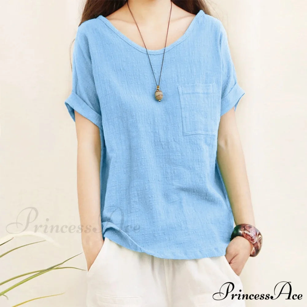 Green Brief Solid Blouse Arm Women Linen 5XL Cotton Casual 2024 O Neck Oversize Warm-Season Blouse Lady Tops blue / S