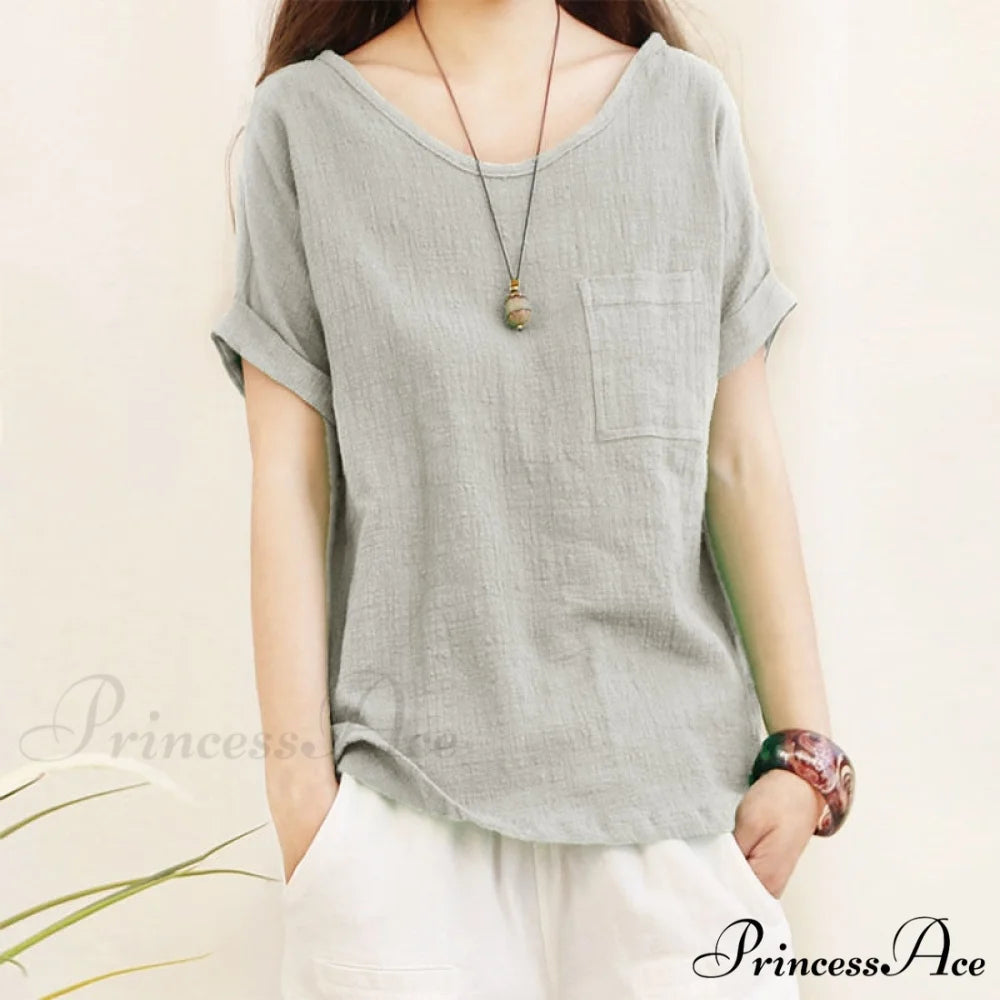 Green Brief Solid Blouse Arm Women Linen 5XL Cotton Casual 2024 O Neck Oversize Warm-Season Blouse Lady Tops Gray / S