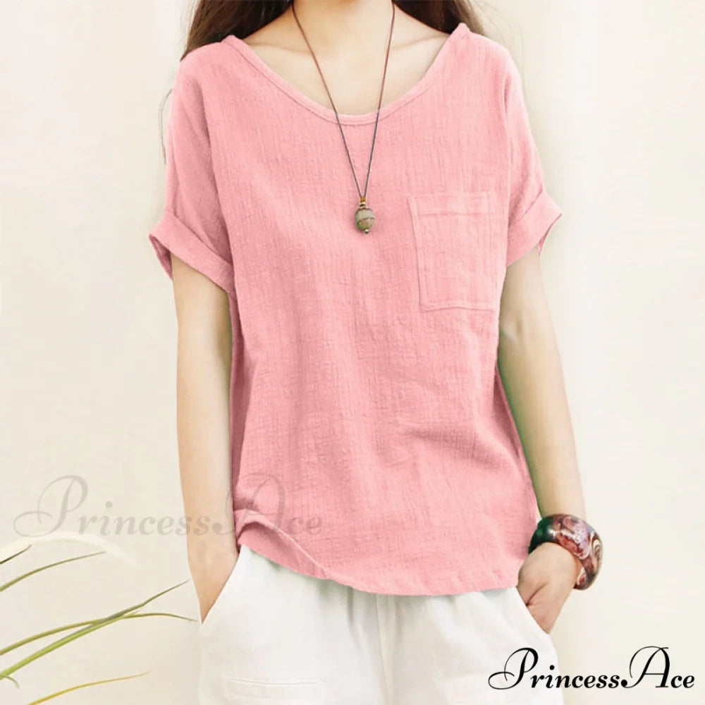 Green Brief Solid Blouse Arm Women Linen 5XL Cotton Casual 2024 O Neck Oversize Warm-Season Blouse Lady Tops pink / S