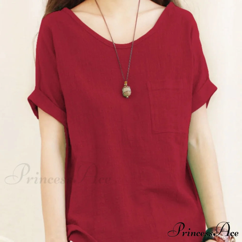 Green Brief Solid Blouse Arm Women Linen 5XL Cotton Casual 2024 O Neck Oversize Warm-Season Blouse Lady Tops Red / S
