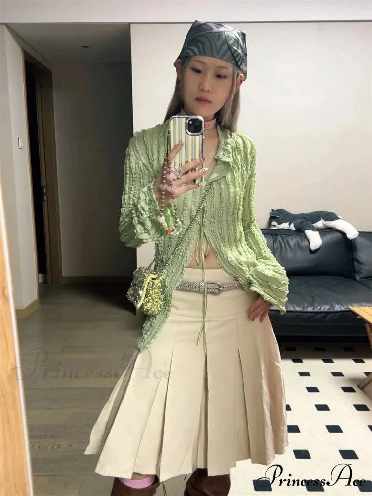 Green Classic Long Sleeve Top blouse-250223