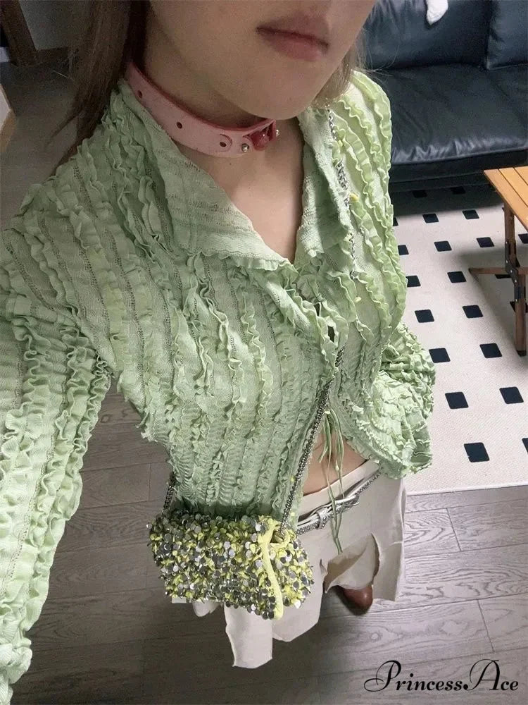 Green Classic Long Sleeve Top blouse-250223