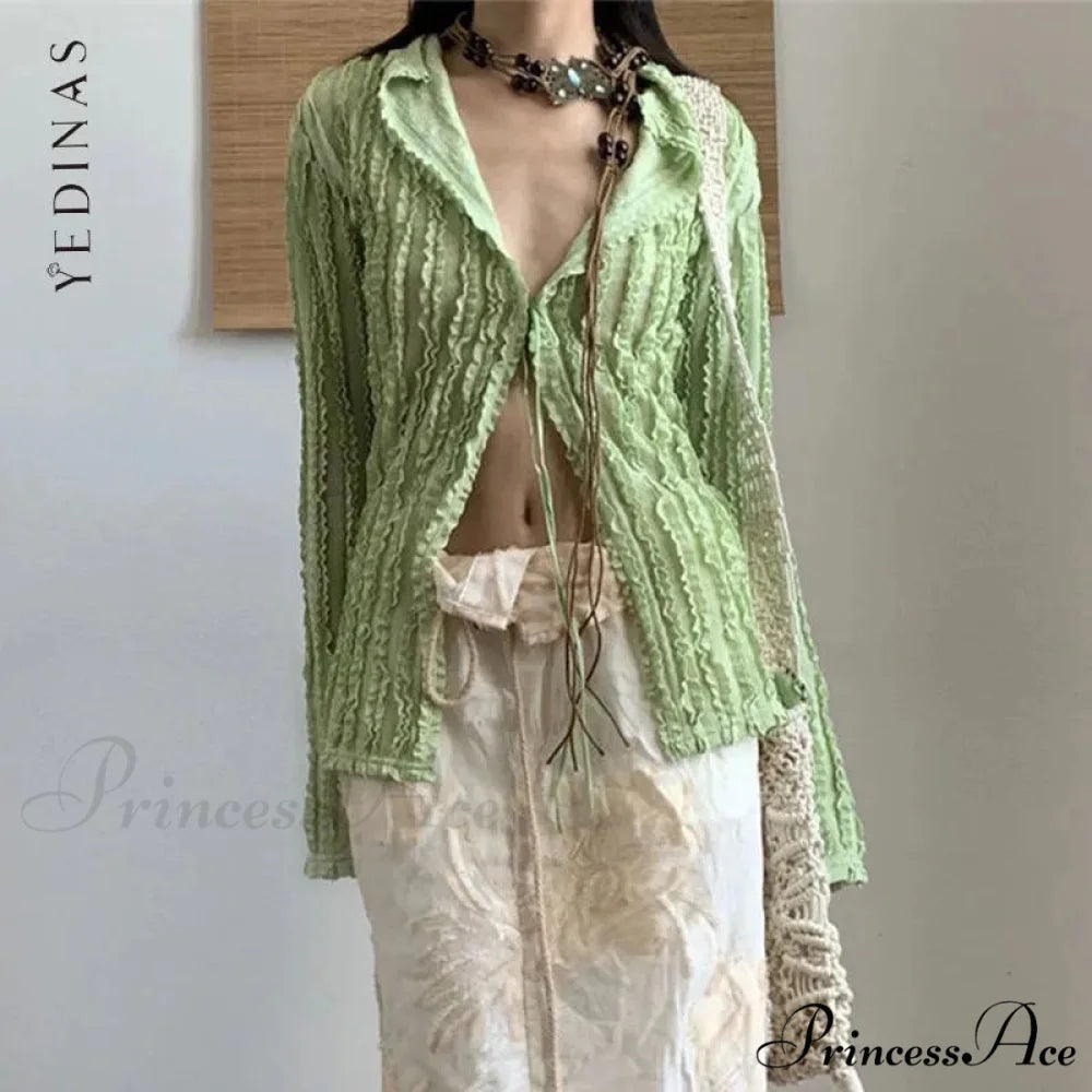 Green Classic Long Sleeve Top blouse-250223