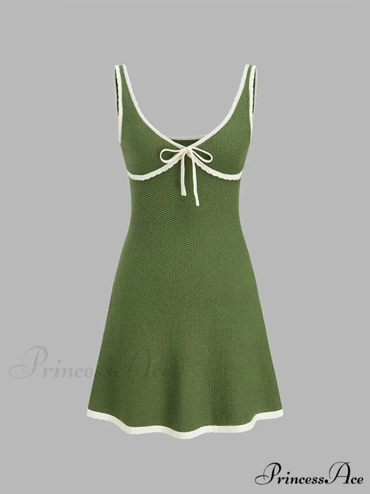 Green Contrast Seam Charming V-neck Knit Mini Dress