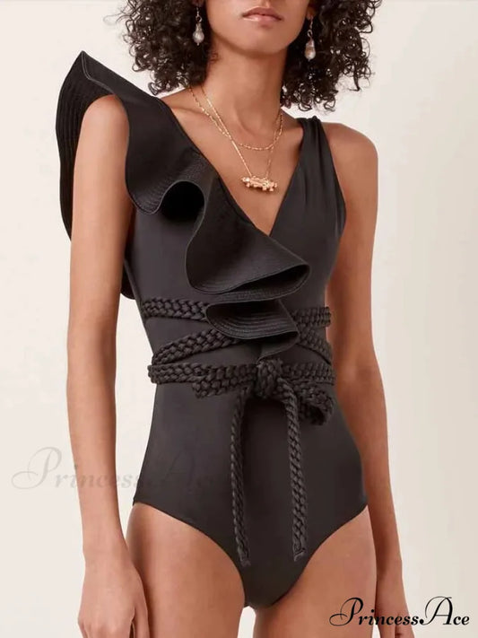 Green Frilled Solid Monokini Swimsuit One Piece Black / S onepiece-250223