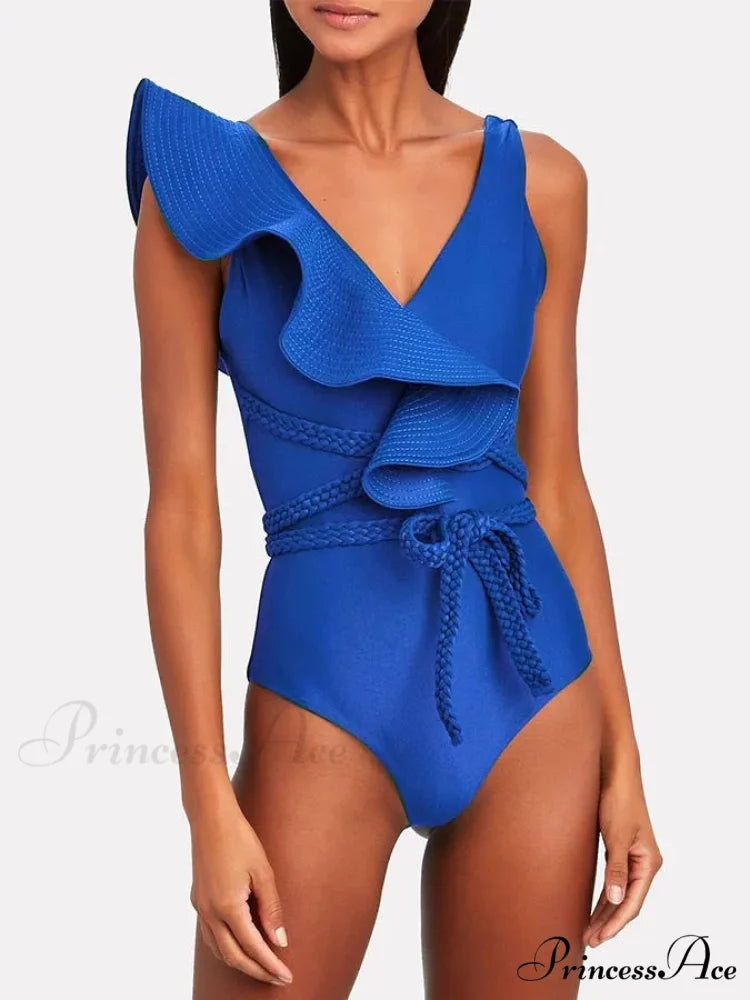 Green Frilled Solid Monokini Swimsuit One Piece Blue / S onepiece-250223