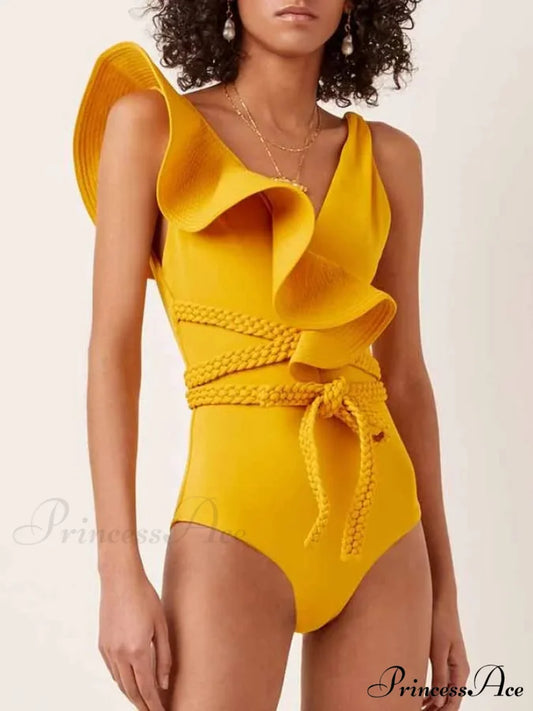 Green Frilled Solid Monokini Swimsuit One Piece Gold / S onepiece-250223