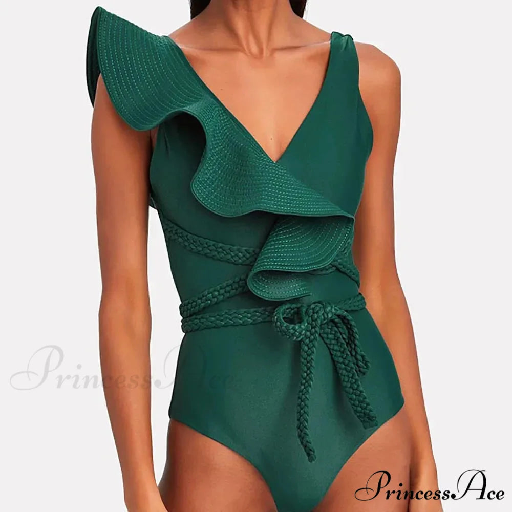 Green Frilled Solid Monokini Swimsuit One Piece Green / S onepiece-250223