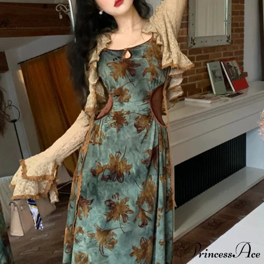 Green Halter Autumn French Retro Waist Slimming with Brown Clothing SlimFit Floral Dress Dark green / S