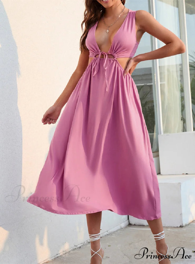 Green Halter-neck Backless Maxi Dress with Waisted Detail S / Pink