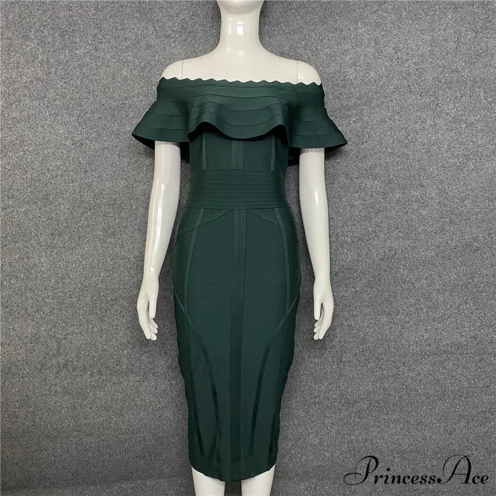 Green Ladies Bandage Dress Ruffles Slash Neck Bodycon Knee-Length Christmas Party Dress