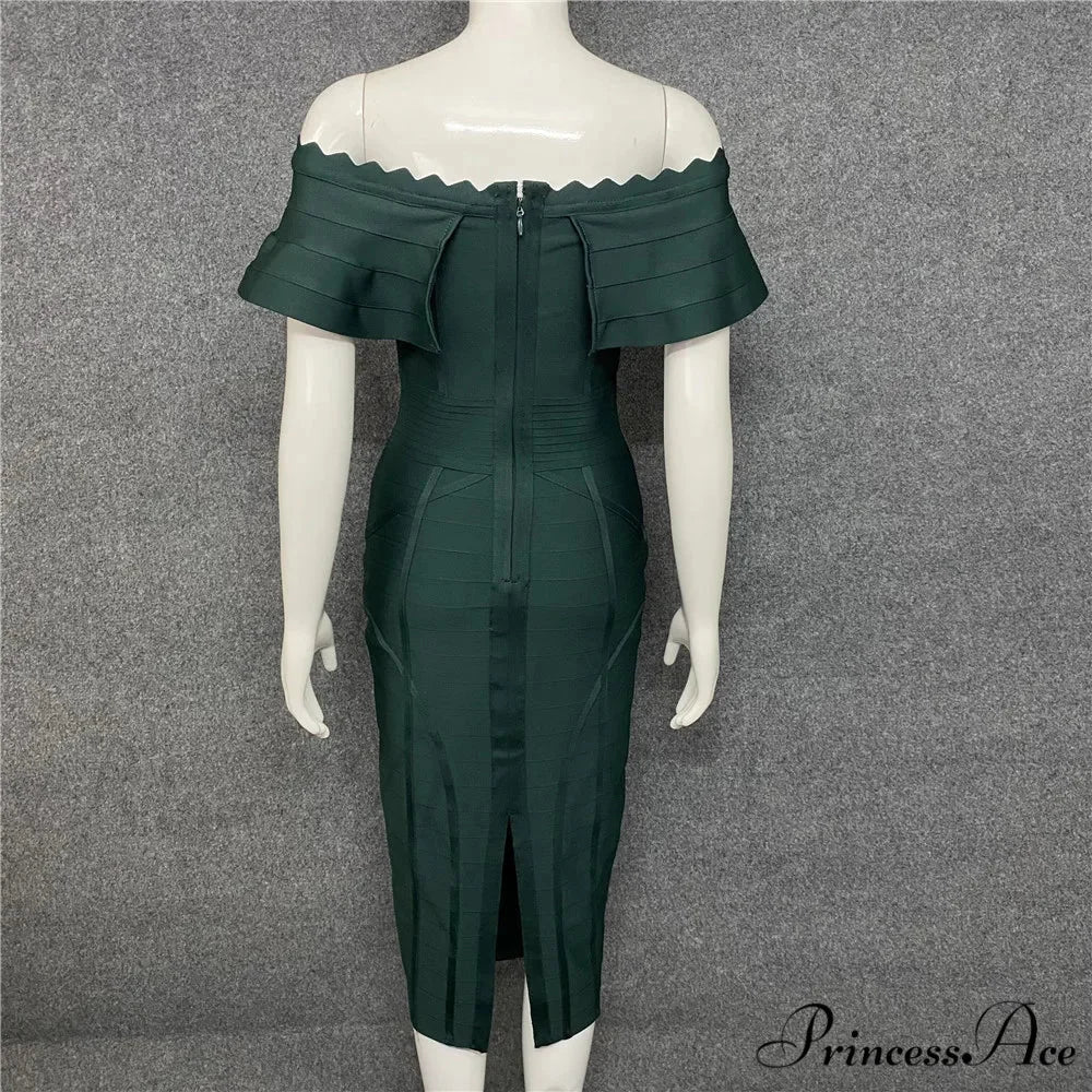 Green Ladies Bandage Dress Ruffles Slash Neck Bodycon Knee-Length Christmas Party Dress