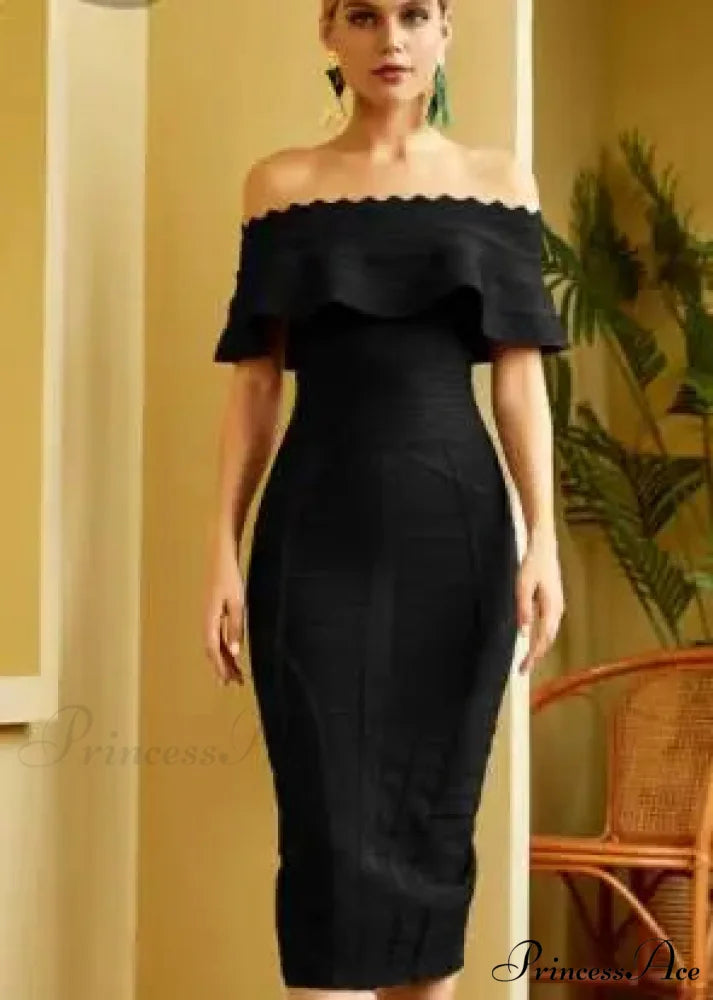 Green Ladies Bandage Dress Ruffles Slash Neck Bodycon Knee-Length Christmas Party Dress Black / S