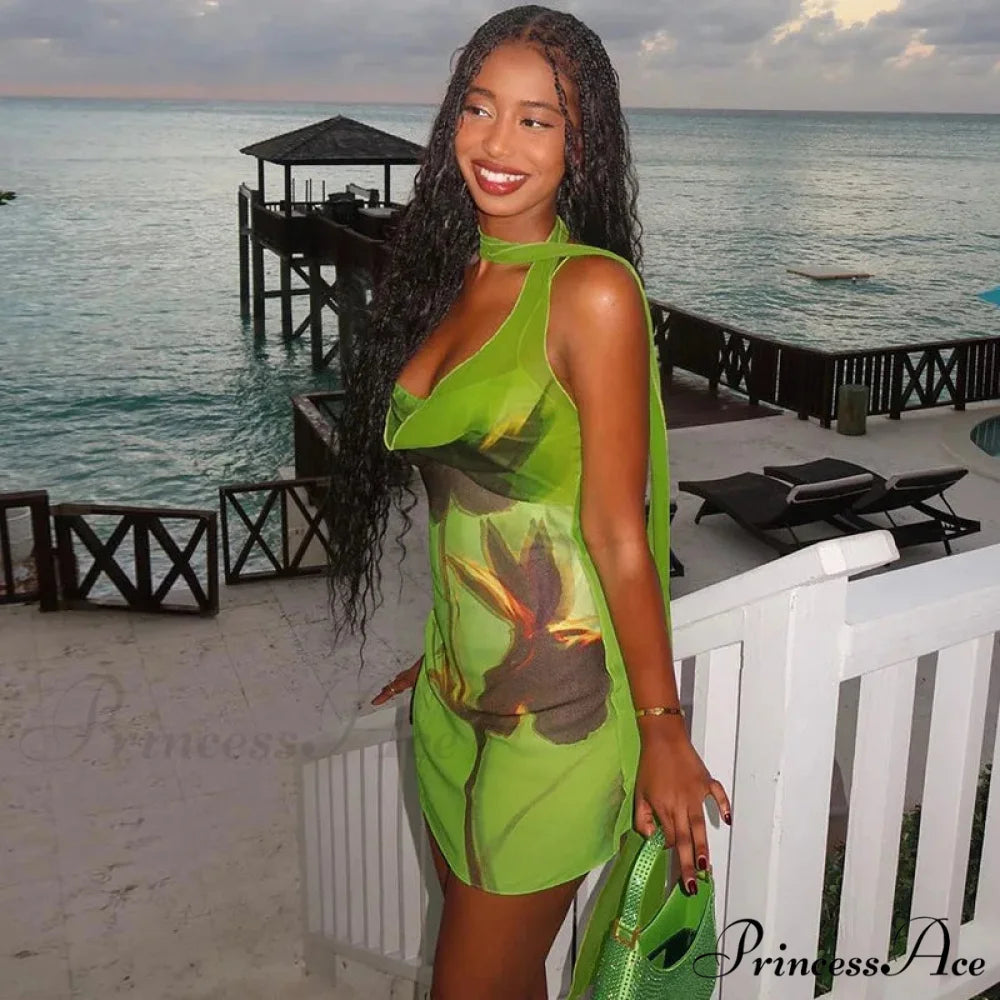 Green Mesh Printed Charming Draped Mini Dress