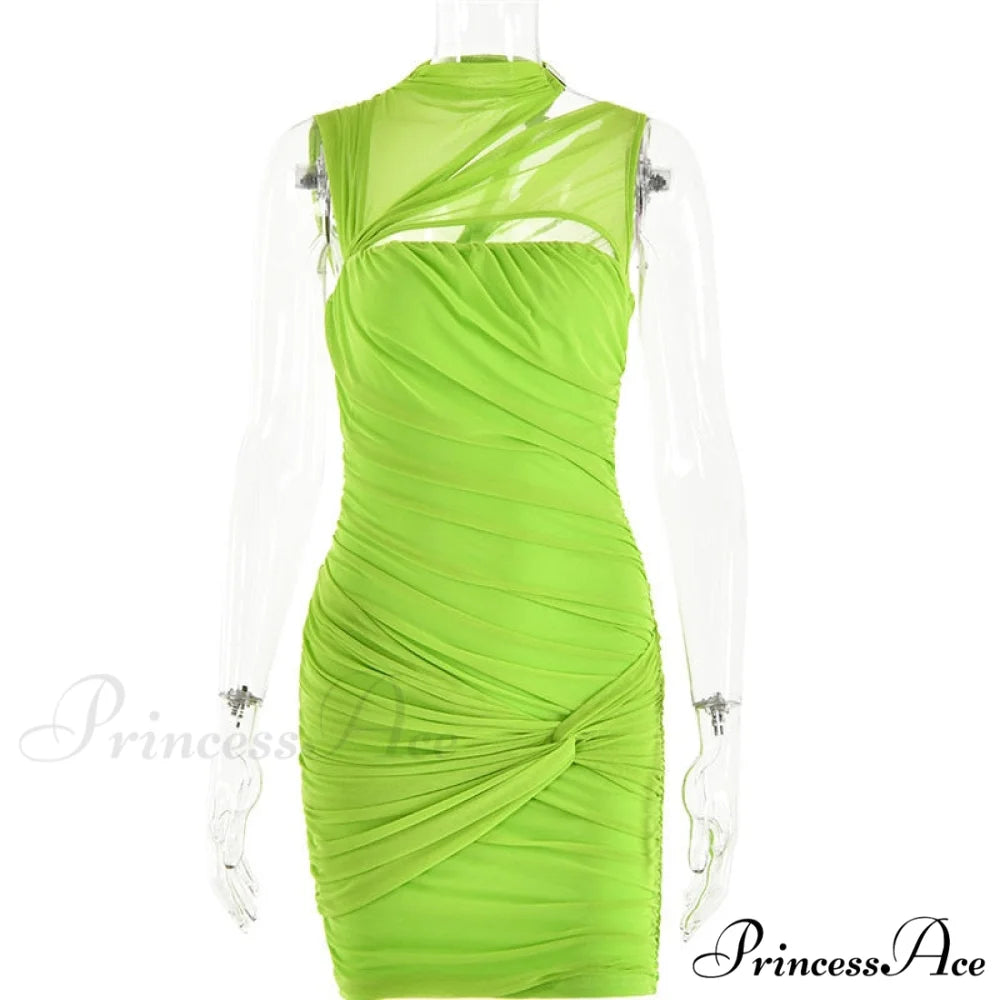 Green Mesh Ruched Neck Cut Trendy Out Design Bodycon Mini Dress Green / L