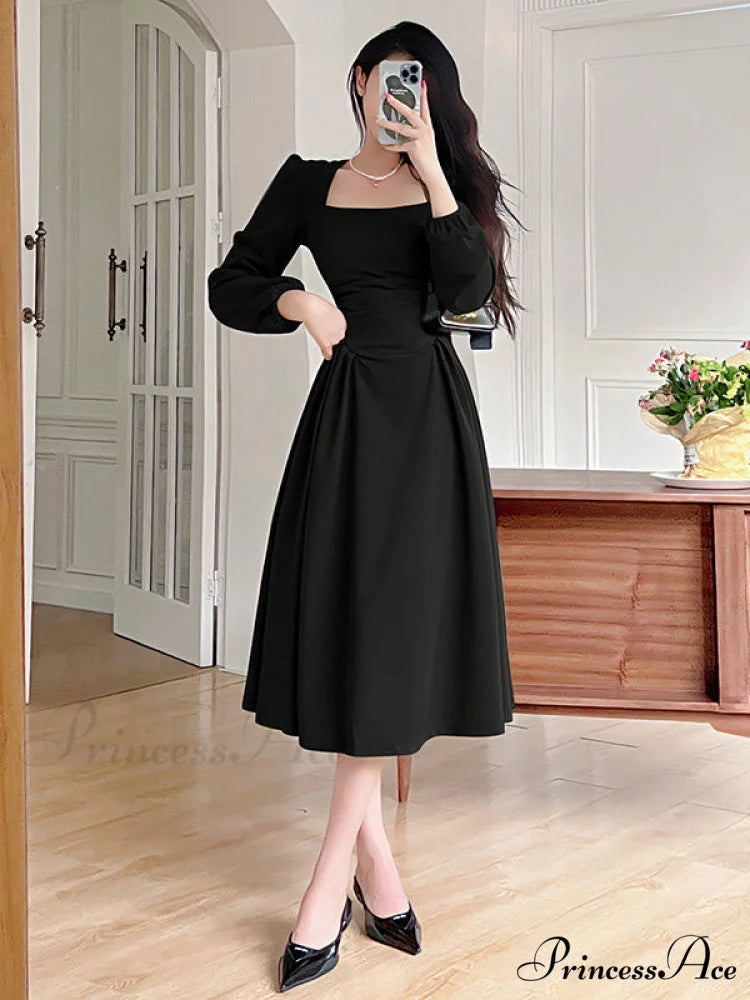 Green Midi Hem Dress with Puff Sleeves M / Green