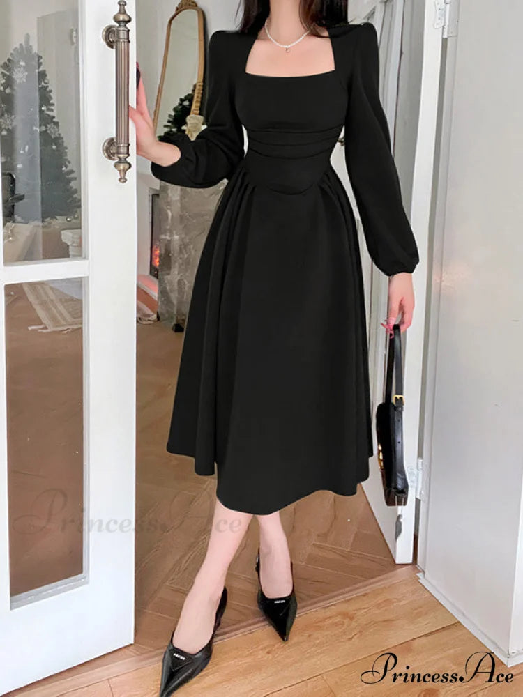 Green Midi Hem Dress with Puff Sleeves M / Black