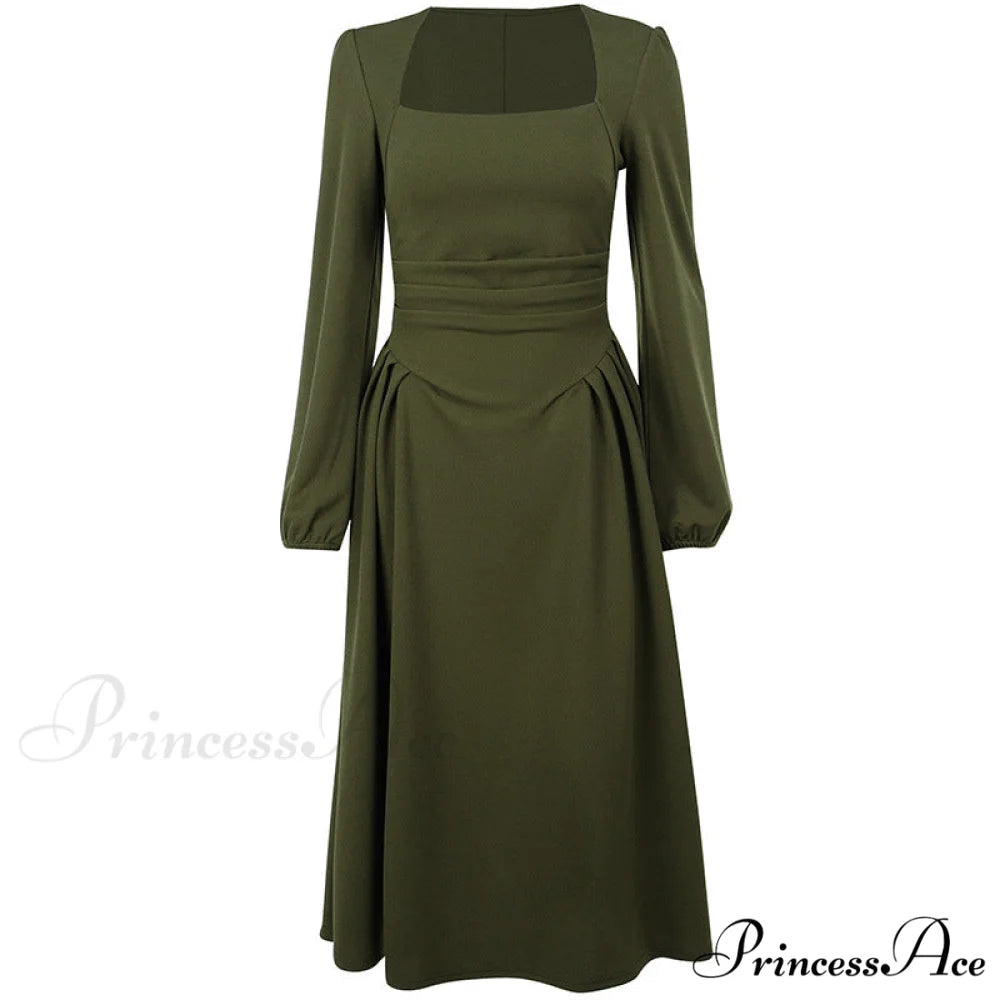 Green Midi Hem Dress with Puff Sleeves S / Green