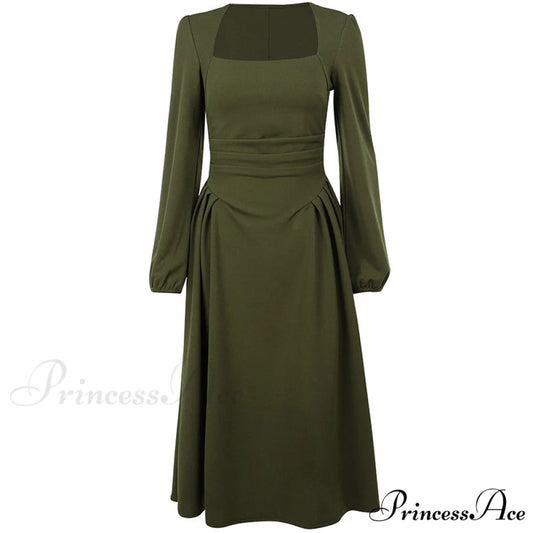 Green Midi Hem Dress with Puff Sleeves S / Green