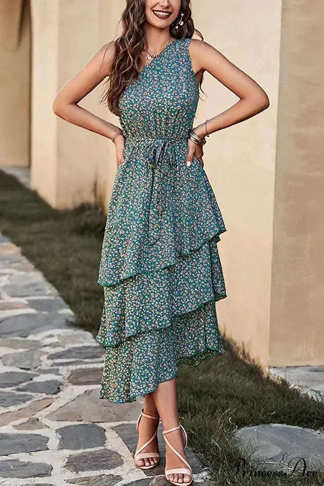 Green One Shoulder Ruffle Trim Dress with Print L / Black
