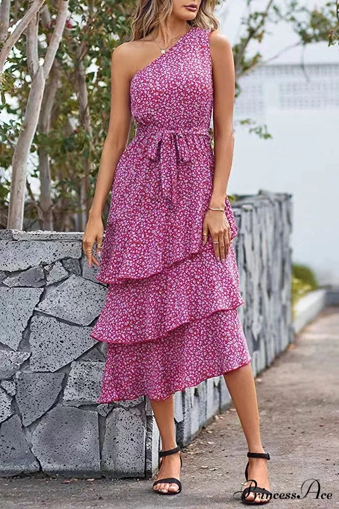 Green One Shoulder Ruffle Trim Dress with Print S / Green