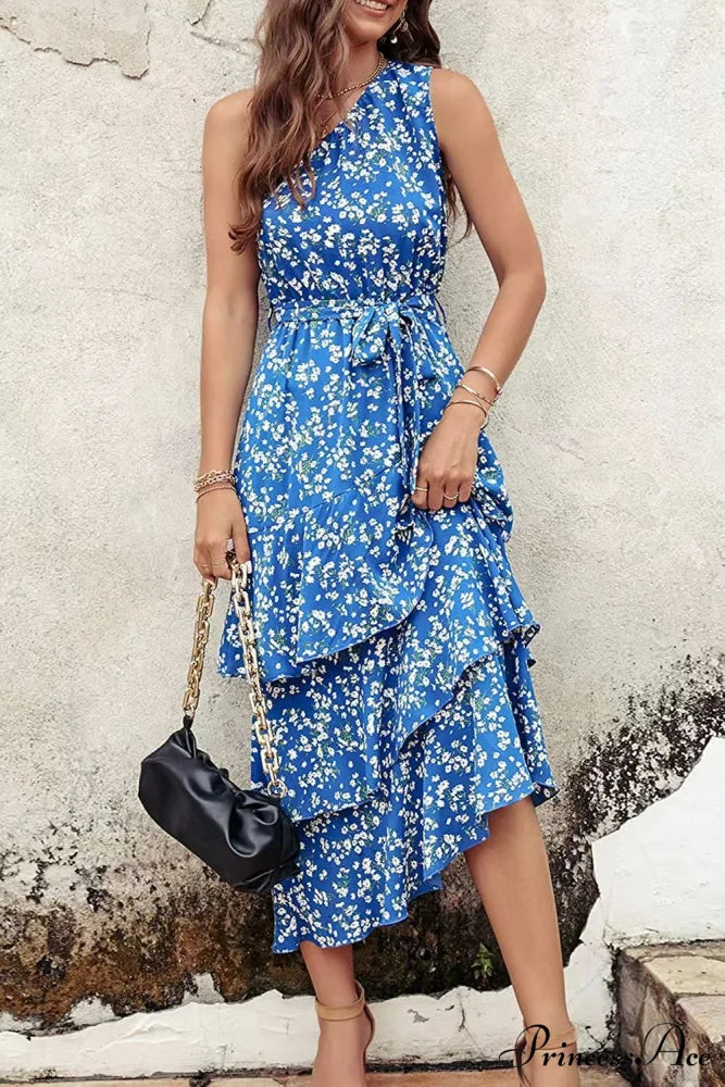Green One Shoulder Ruffle Trim Dress with Print S / Light Blue