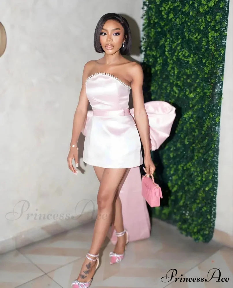 Green Pink Red Satjson Mini Party Dress with Detachable Bow Pink / 2