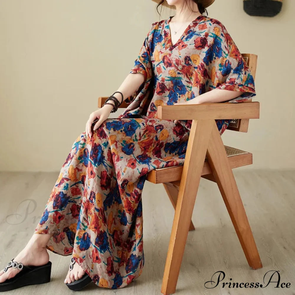 Green Red Cotton Linen Print Batwing Sleeve Retro Boho Dress