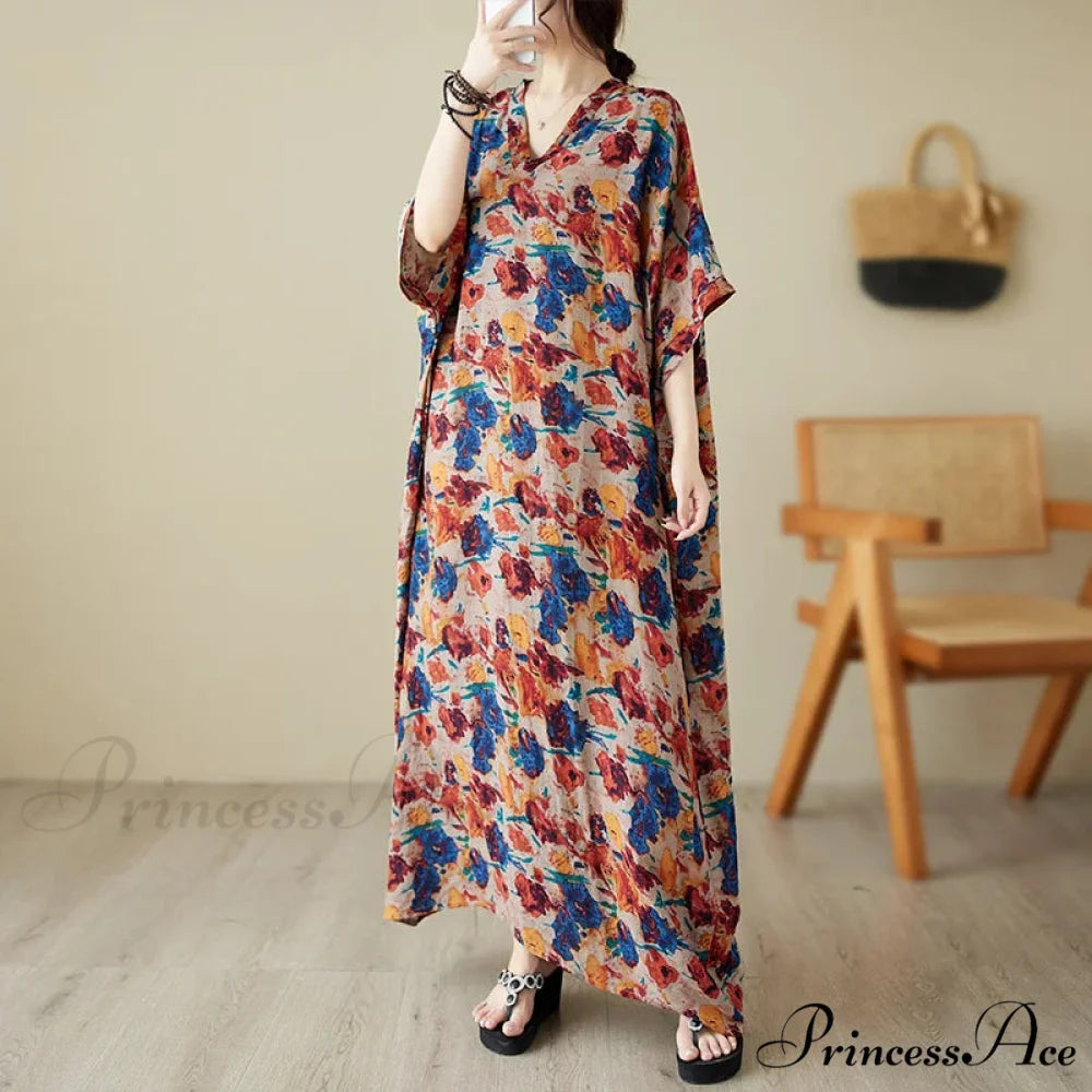 Green Red Cotton Linen Print Batwing Sleeve Retro Boho Dress Red / One Size