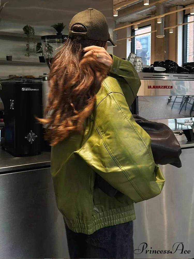 Green Single Breasted Leather Coat coats-241228