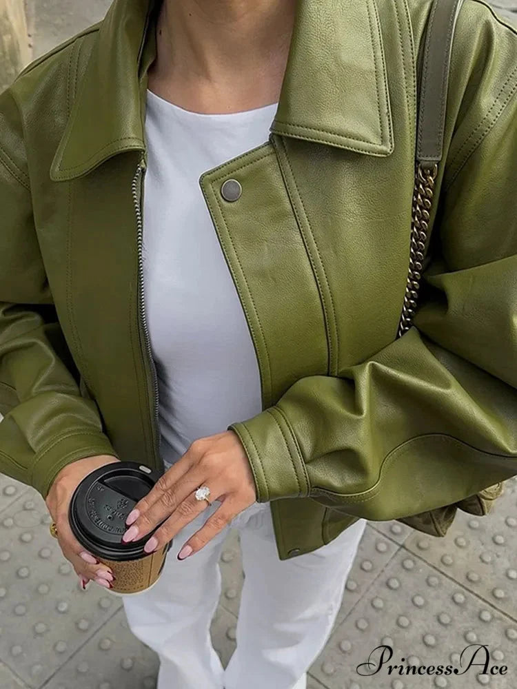 Green Single Breasted Leather Coat coats-241228