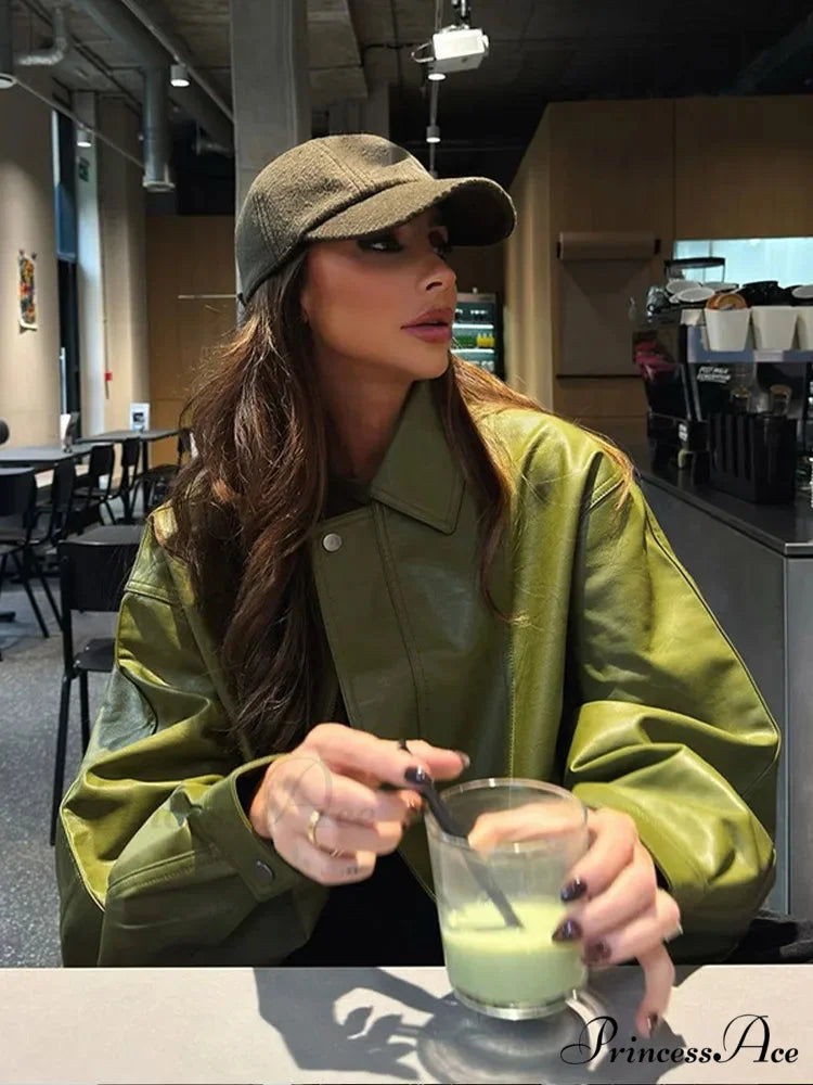 Green Single Breasted Leather Coat Green / S coats-241228