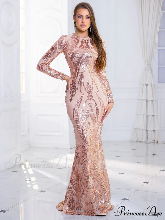 Green Stretch Sequin Long Sleeve Evening Night Prom Dress Bodycon Christmas Party Dress Champagne Gold / S