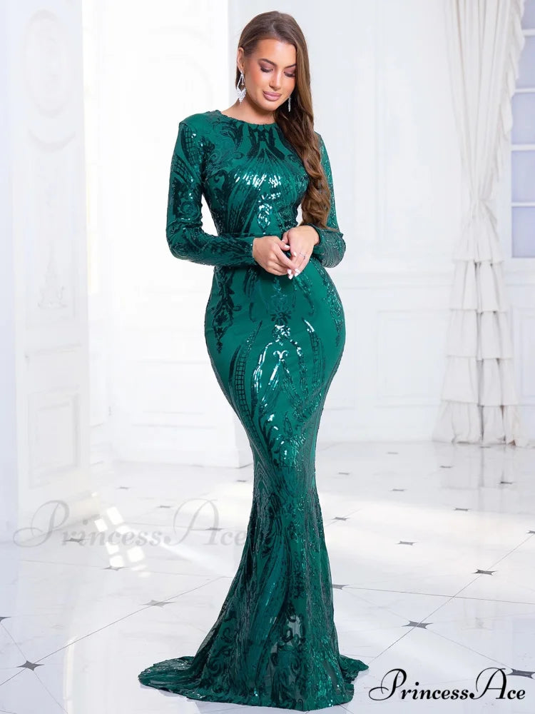 Green Stretch Sequin Long Sleeve Evening Night Prom Dress Bodycon Christmas Party Dress Green / S