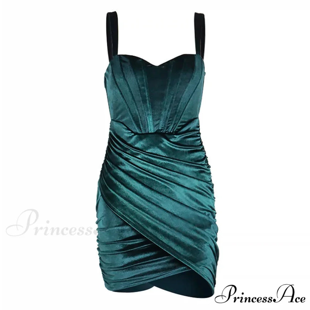 Green Velvet Corsets Party Mini Dress Elegant Spaghetti Strap Bodycon Christmas Party Dress Green / S