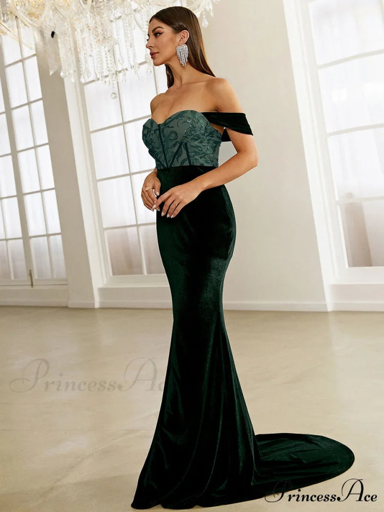Green Velvet Evening Dress Elegant Off Shoulder Sequin Bodycon Maxi Christmas Party Dress