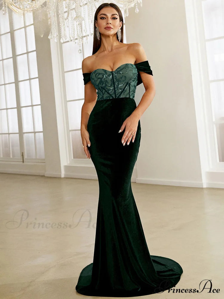 Green Velvet Evening Dress Elegant Off Shoulder Sequin Bodycon Maxi Christmas Party Dress Green / S