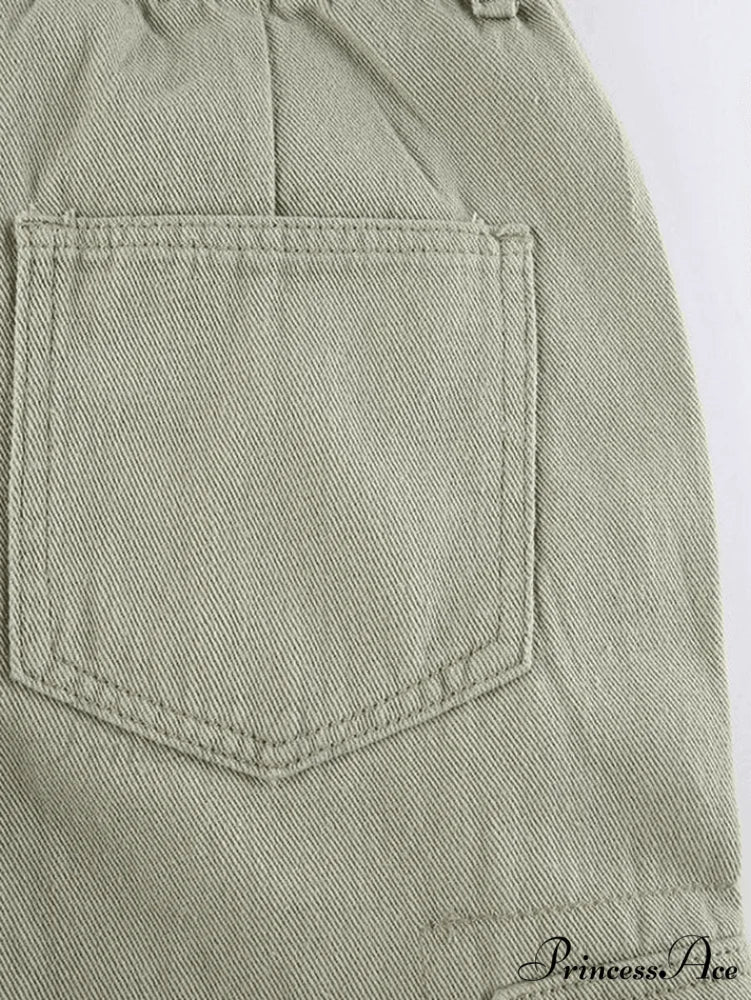 Green Wash Vintage Trendy Straight Cargo Jeans