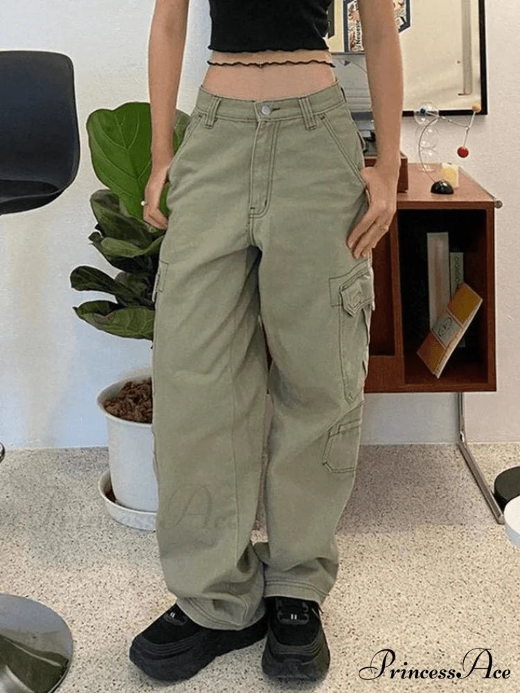 Green Wash Vintage Trendy Straight Cargo Jeans