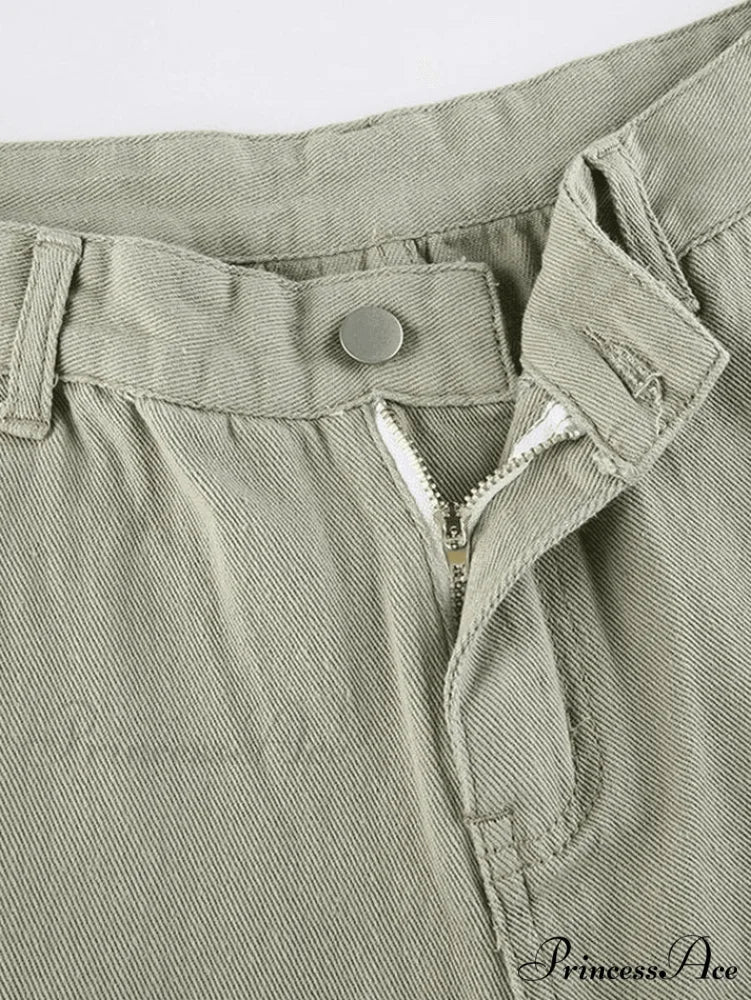 Green Wash Vintage Trendy Straight Cargo Jeans