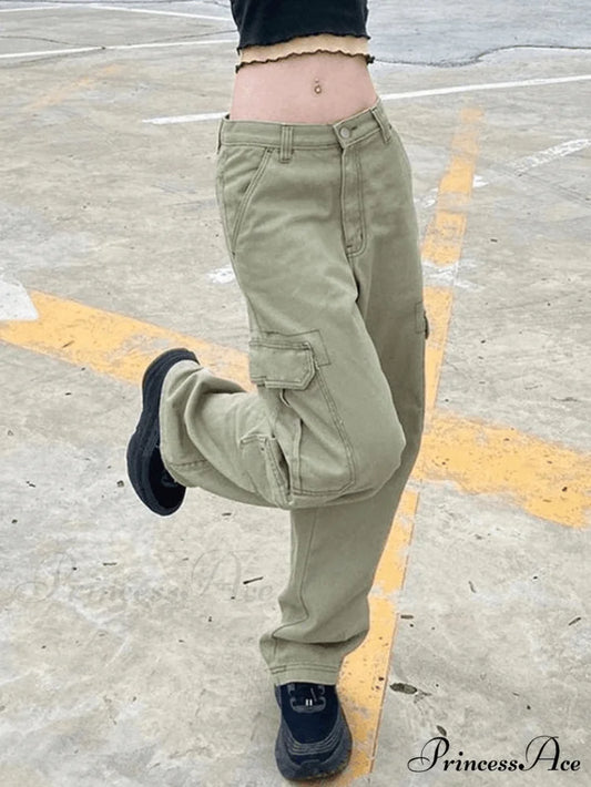 Green Wash Vintage Trendy Straight Cargo Jeans